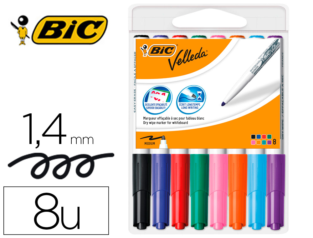 ROTULADOR BIC VELLEDA PARA PIZARRA PUNTA REDONDA 1,9 MM BOLSA DE 8 UNIDADES COLORES SURTIDOS