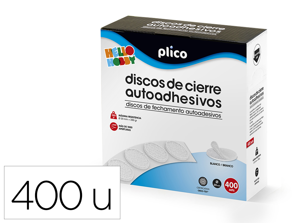 DISCO DE CIERRE PLICO VELCRO AUTOADHESIVO 20 MM DIAMETRO COLOR BLANCO CAJA DE 400 UNIDADES