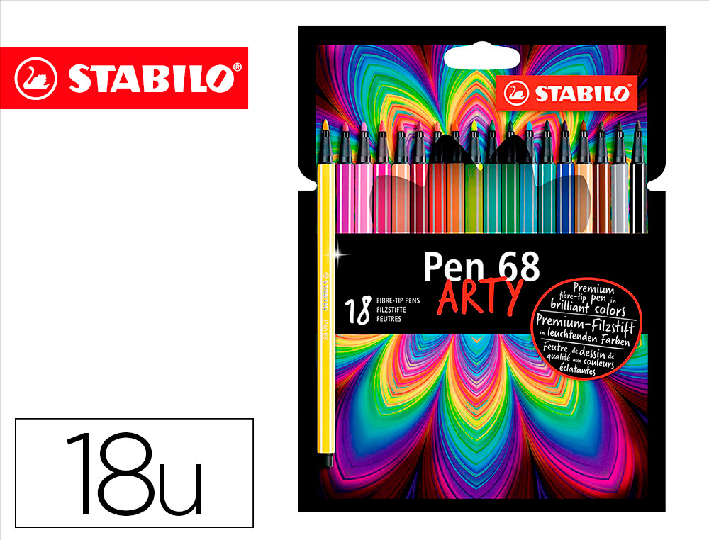 ROTULADOR STABILO ACUARELABLE PEN 68 ESTUCHE CARTON DE 18 UNIDADES COLORES SURTIDOS