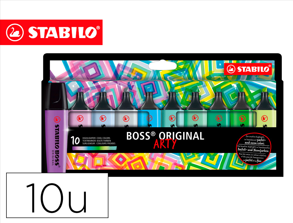ROTULADOR STABILO BOSS FLUORESCENTE 70 ARTY LINE COLORES FRIOS ESTUCHE CARTON DE 10 UNIDADES COLORES