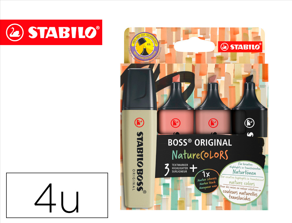 ROTULADOR STABILO BOSS PASTEL FLUORESCENTE NATURE 70 COLORS ESTUCHE DE 4 UNIDADES COLORES SURTIDOS