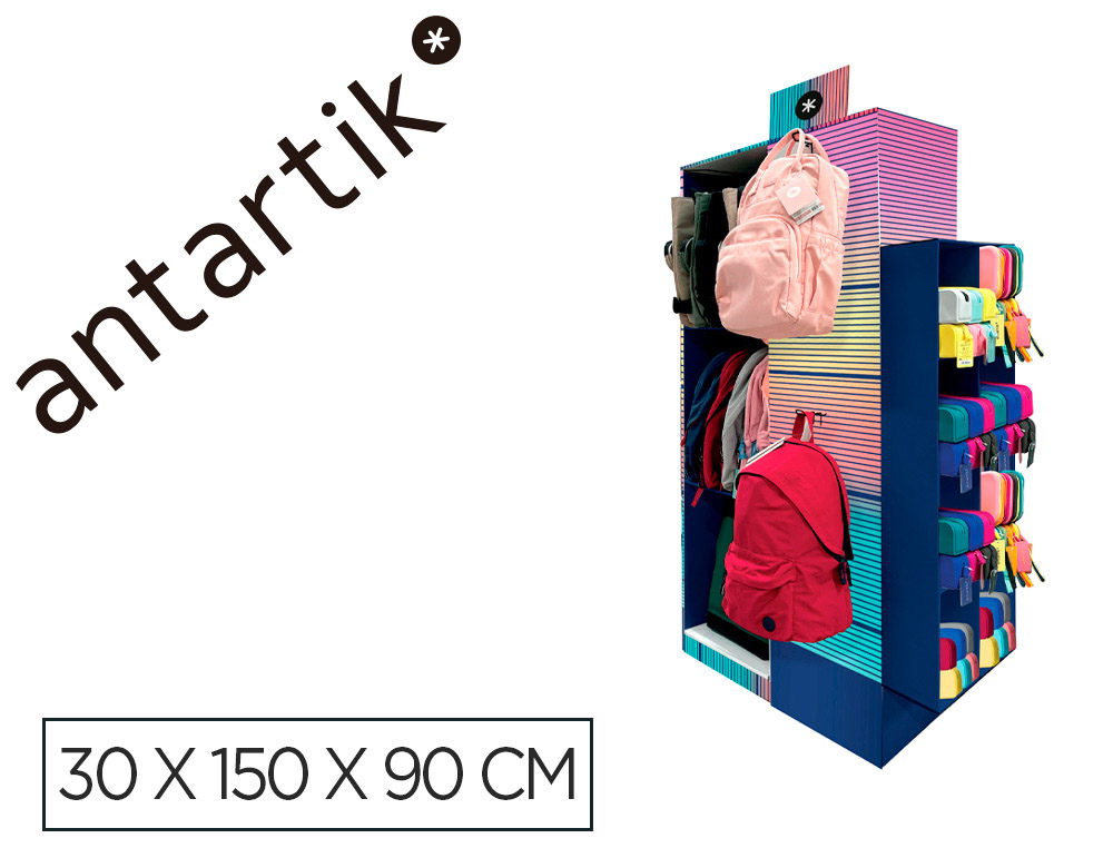 MOCHILA Y ESTUCHE PORTATODO ANTARTIK EXPOSITOR DE SUELO CARTON CON 46 UNIDADES SURTIDAS 30X150X90 CM