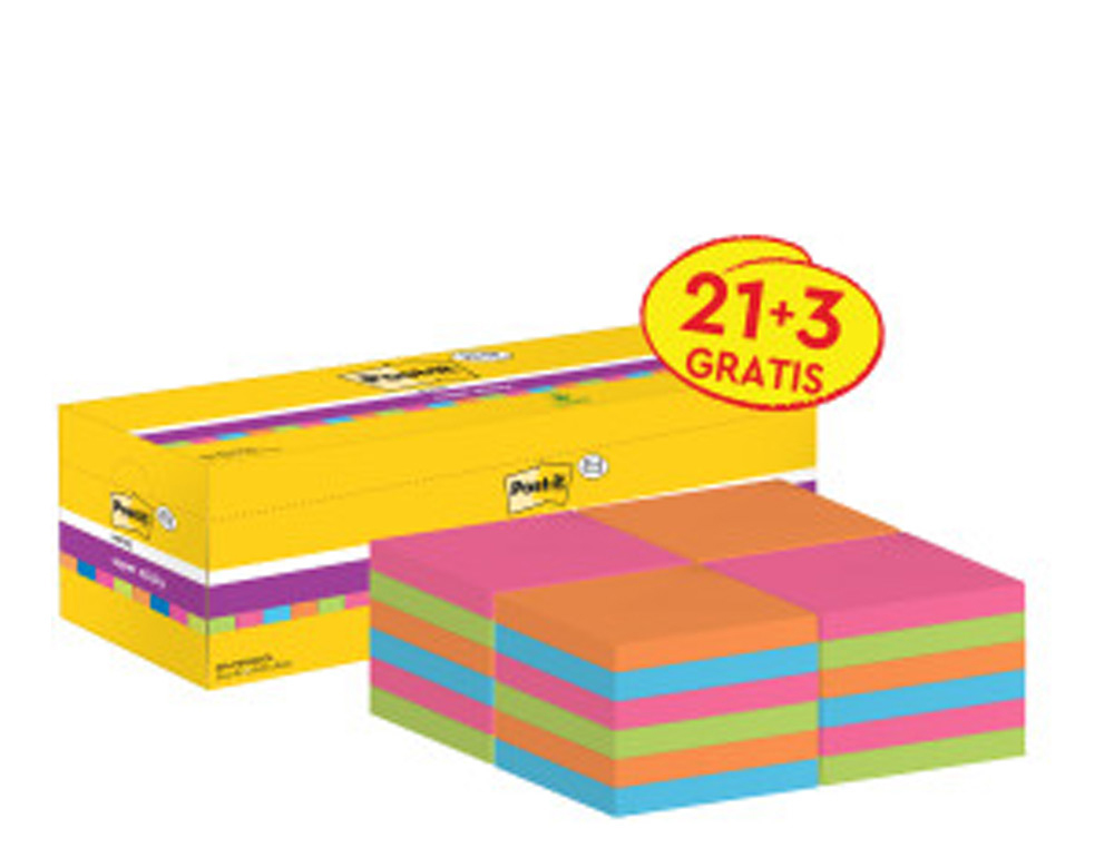 BLOC DE NOTAS ADHESIVAS QUITA Y PON POST-IT SUPER STICKY 76X76 MM 90 HOJAS COLORES SURTIDOS PACK DE 21 + 3
