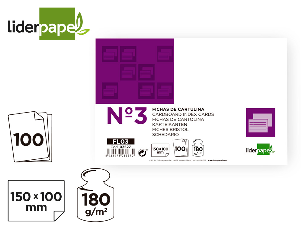 FICHA LIDERPAPEL LISA N3 100X150MM PAQUETE DE 100 180G