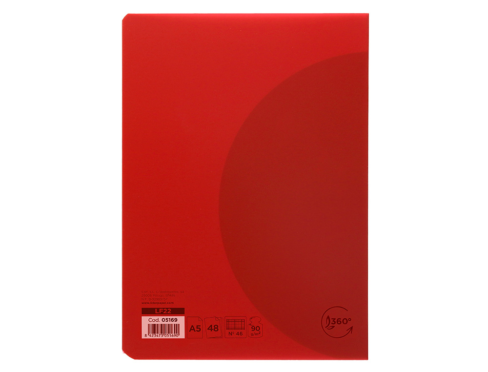 LIBRETA LIDERPAPEL 360 TAPA DE PLASTICO A5 48 HOJAS 90G/M2 RAYADO N46 COLORES SURTIDOS