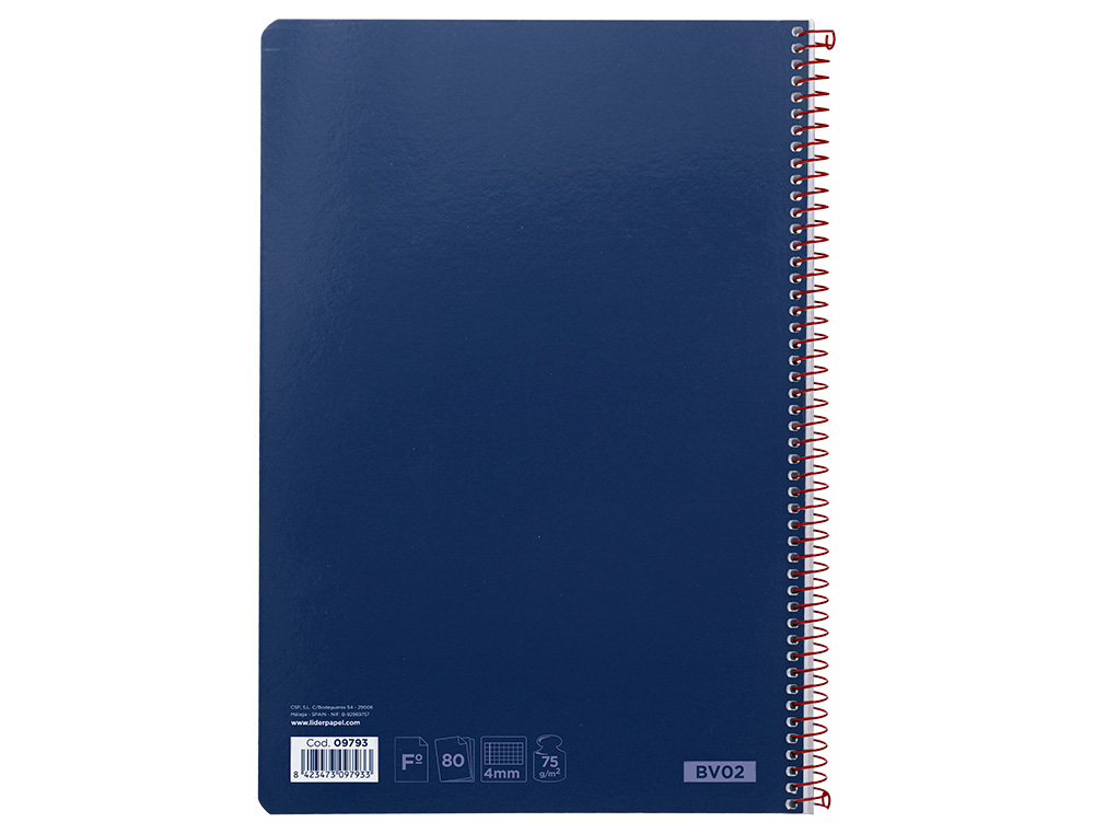 CUADERNO ESPIRAL LIDERPAPEL FOLIO WITTY TAPA DURA 80H 75GR CUADRO 4MM CON MARGEN COLOR AZUL MARINO