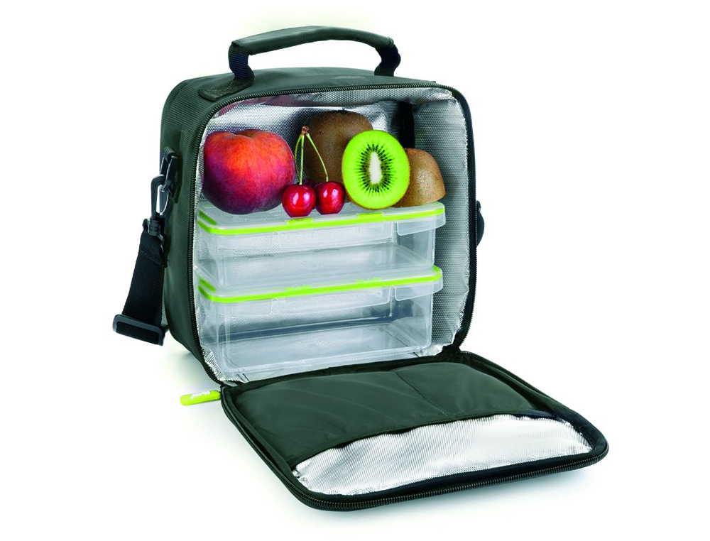 BOLSA PORTA ALIMENTOS IBILI LUNCH AWAY GREEN TERMICA ASA 2 RECIPIENTES TAPA HERMETICA Y BANDEJA 22X22X12 CM