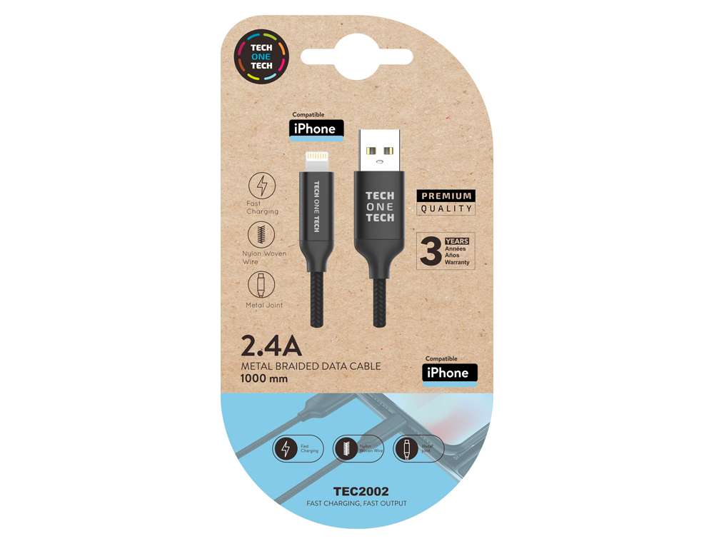 CABLE USB 2.4 TECH ONE TECH BRAIDED NYLON TIPO USB APPLE MICRO USB LONGITUD 1 MT COLOR NEGRO