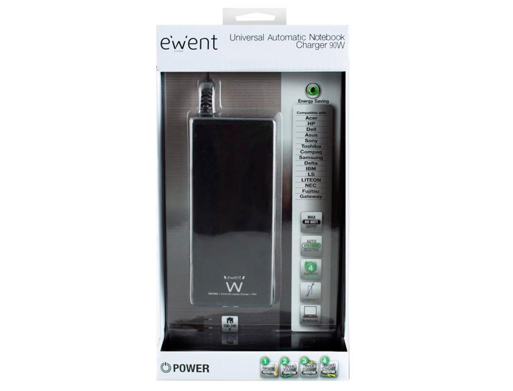CARGADOR EWENT AUTOMATICO PEQUEO DE NOTEBOOK DE 90 W 11 TIPS