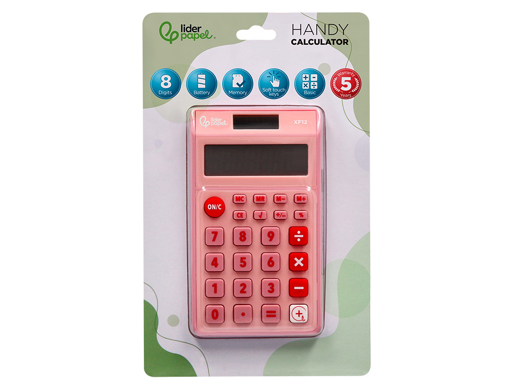 CALCULADORA LIDERPAPEL BOLSILLO XF12 8 DIGITOS SOLAR Y PILAS COLOR ROSA 115X65X8 MM