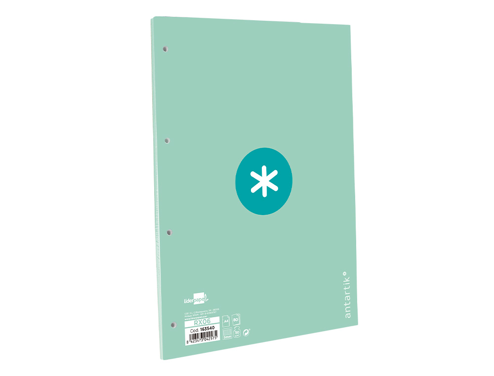 RECAMBIO ANTARTIK A4 80 HOJAS 90G/M2 CUADRO 5 MM 4 TALADROS 1 BANDA MARCO COLOR MENTA