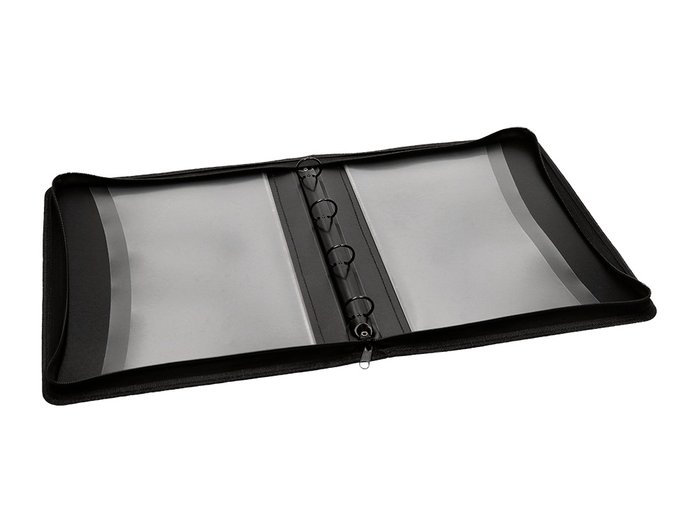 CARPETA LIDERPAPEL 4 ANILLAS 25 MM POLIPROPILENO CIERRE CREMALLERA 4 BOLSILLOS INTERIORES CON RIBETE COLOR NEGRO