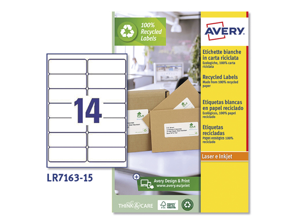 ETIQUETA ADHESIVA AVERY BLANCA PERMANENTE RECICLADA 100% LASER 99,1X38,1 MM CAJA DE 210 UNIDADES