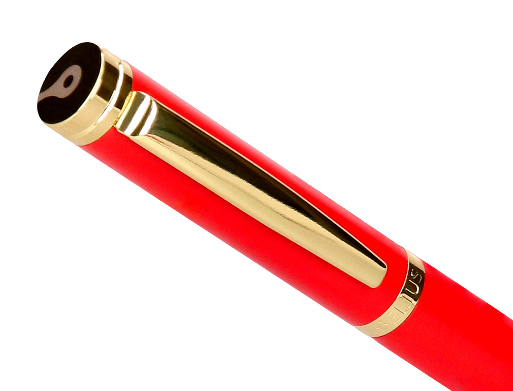 PLUMA BELIUS PASSION DOR ALUMINIO TEXTURA CEPILLADA COLOR ROJO Y DORADO TINTA AZUL CAJA DE DISEÑO