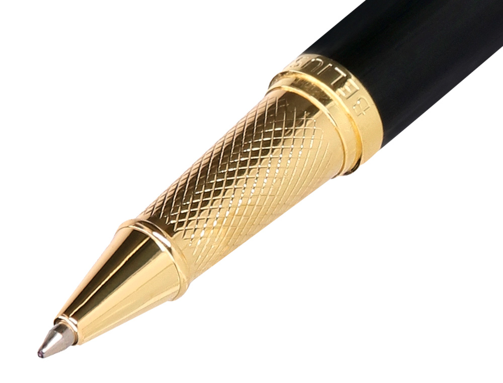 BOLIGRAFO BELIUS PASSION DOR ALUMINIO TEXTURA CEPILLADA COLOR NEGRO Y DORADO TINTA AZUL CAJA DE DISEÑO
