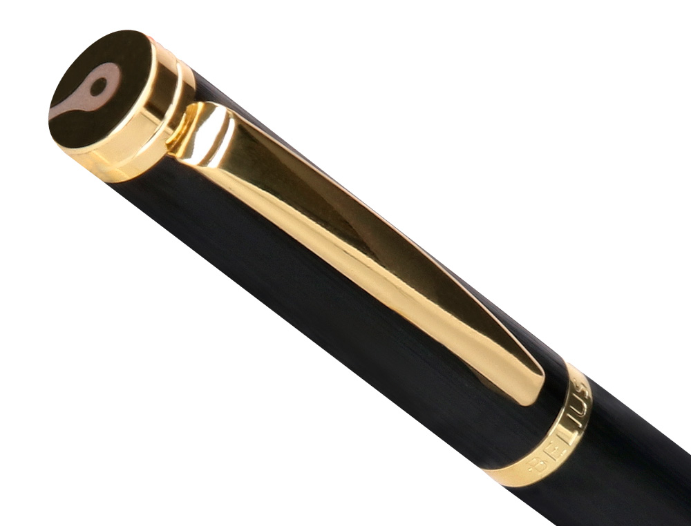 BOLIGRAFO BELIUS PASSION DOR ALUMINIO TEXTURA CEPILLADA COLOR NEGRO Y DORADO TINTA AZUL CAJA DE DISEÑO