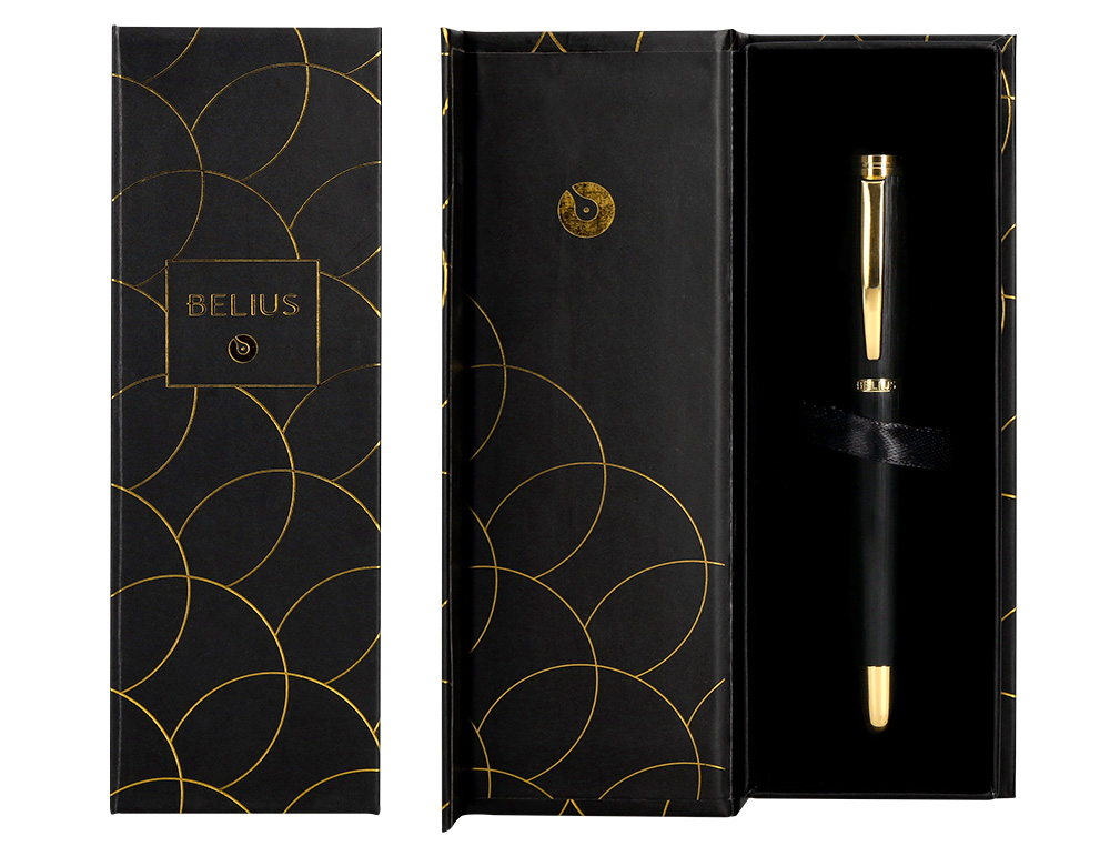 BOLIGRAFO BELIUS PASSION DOR ALUMINIO TEXTURA CEPILLADA COLOR NEGRO Y DORADO TINTA AZUL CAJA DE DISEÑO