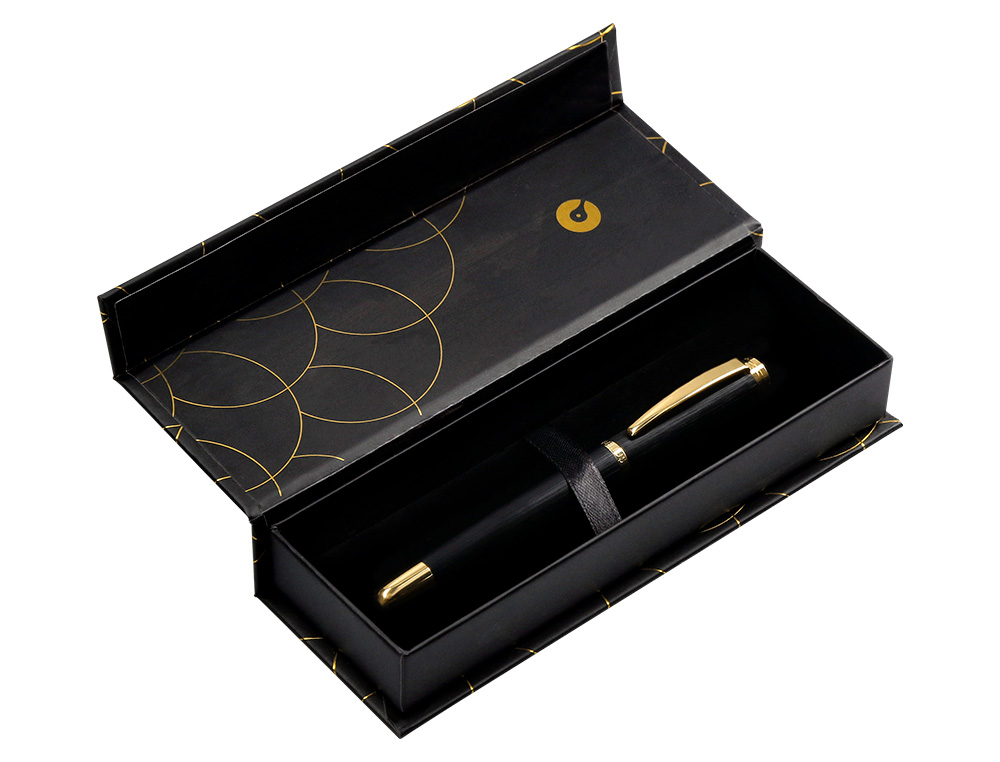 BOLIGRAFO BELIUS PASSION DOR ALUMINIO TEXTURA CEPILLADA COLOR NEGRO Y DORADO TINTA AZUL CAJA DE DISEÑO