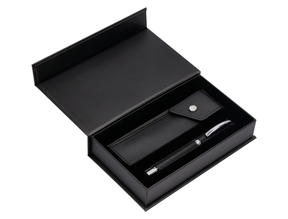 PLUMA Y ESTUCHE BELIUS TURBO ALUMINIO TEXTURA PUNTEADA COLOR NEGRO Y PLATEADO TINTA AZUL CAJA DE DISEO