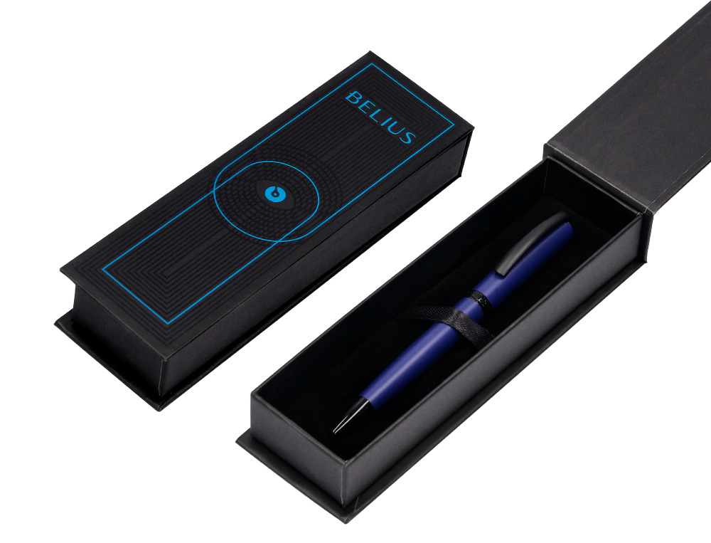 BOLIGRAFO BELIUS TURBO ALUMINIO COLOR AZUL Y NEGRO TINTA AZUL CAJA DE DISEÑO