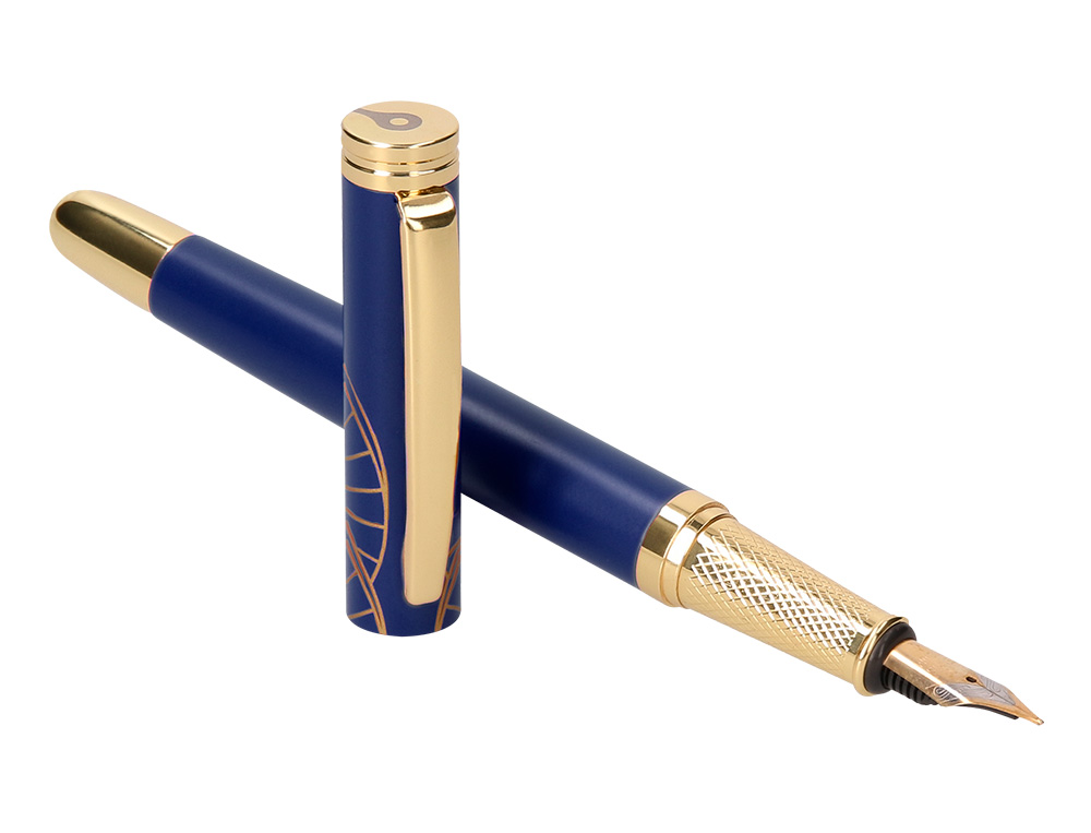 PLUMA BELIUS SOIREE ALUMINIO COLOR ART DECO AZUL MARINO Y DORADO TINTA AZUL CAJA DE DISEÑO