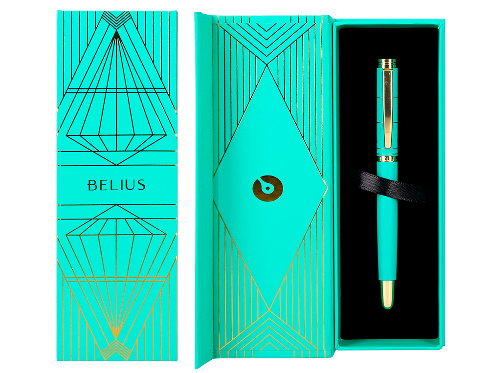 BOLIGRAFO BELIUS SOIREE ALUMINIO COLOR ART DECO TURQUESA Y DORADO TINTA AZUL CAJA DE DISEO