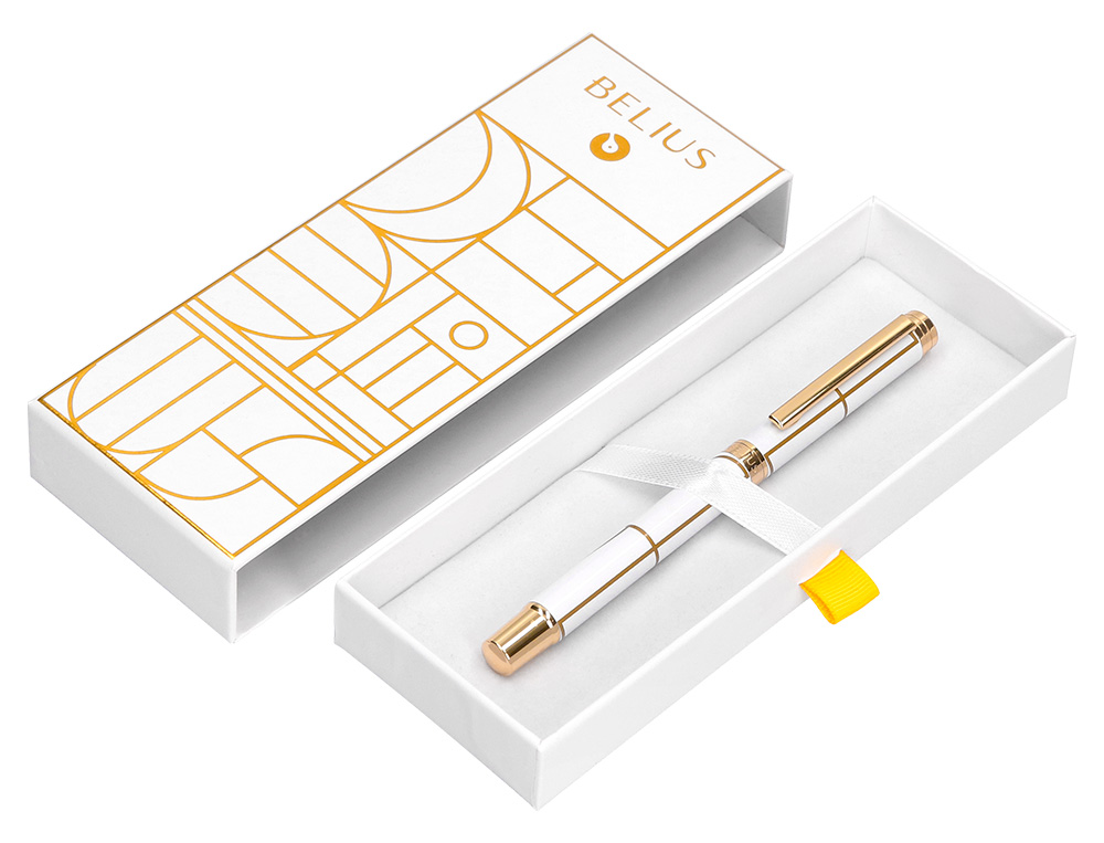 ROLLER BELIUS CARTE BLANCHE COLOR BLANCO Y DORADO TINTA NEGRA CAJA DE DISEÑO