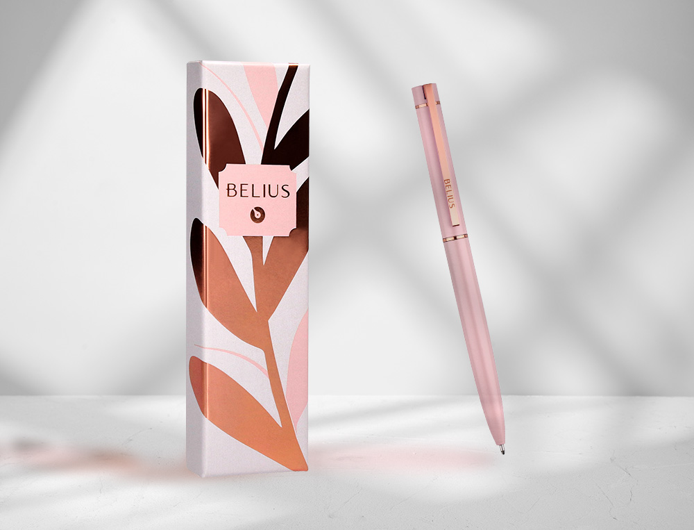 BOLIGRAFO BELIUS ROSE ALUMINIO COLOR ROSA/ORO ROSA TINTA AZUL CAJA DE DISEO