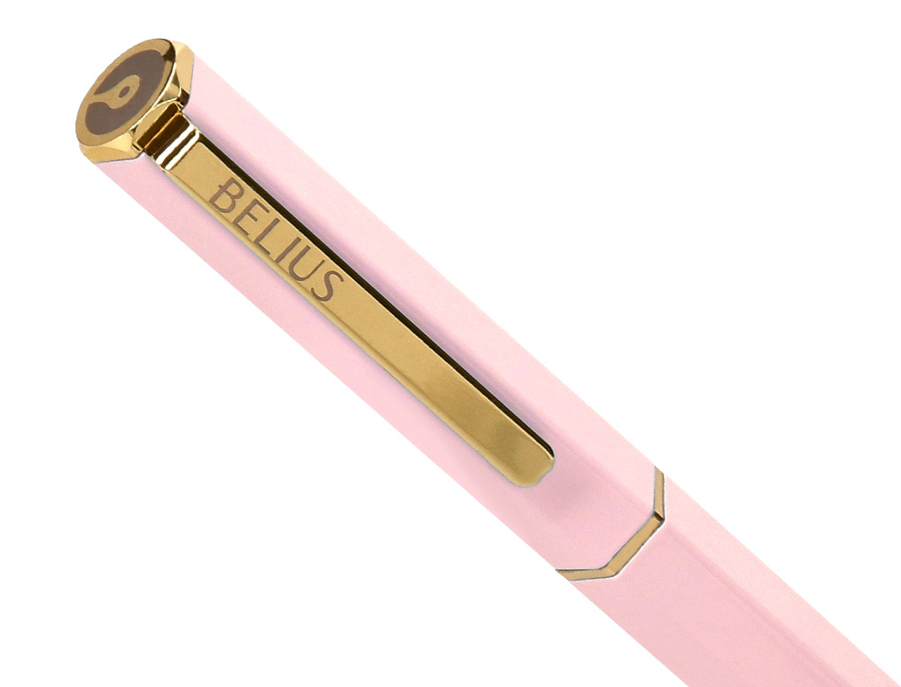 BOLIGRAFO BELIUS MACARON BLISS FORMA HEXAGONAL COLOR ROSA Y DORADO TINTA AZUL CAJA DE DISEÑO