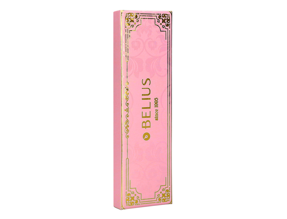 BOLIGRAFO BELIUS MACARON BLISS FORMA HEXAGONAL COLOR ROSA Y DORADO TINTA AZUL CAJA DE DISEÑO