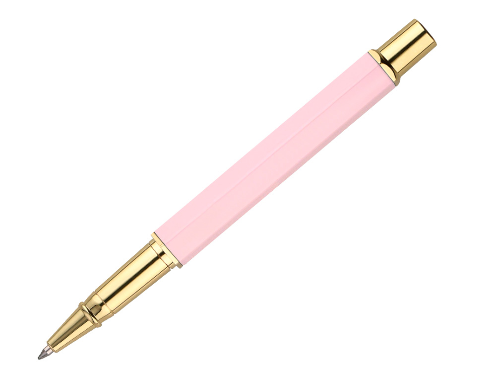 BOLIGRAFO BELIUS MACARON BLISS FORMA HEXAGONAL COLOR ROSA Y DORADO TINTA AZUL CAJA DE DISEÑO