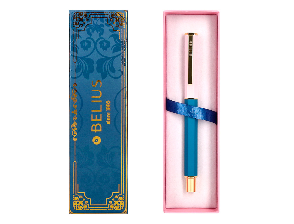 BOLIGRAFO BELIUS MACARON BLISS FORMA HEXAGONAL COLOR ROSA/ AZUL Y DORADO TINTA AZUL CAJA DE DISEÑO