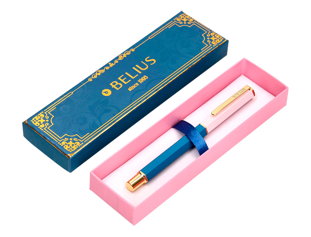 BOLIGRAFO BELIUS MACARON BLISS FORMA HEXAGONAL COLOR ROSA/ AZUL Y DORADO TINTA AZUL CAJA DE DISEÑO