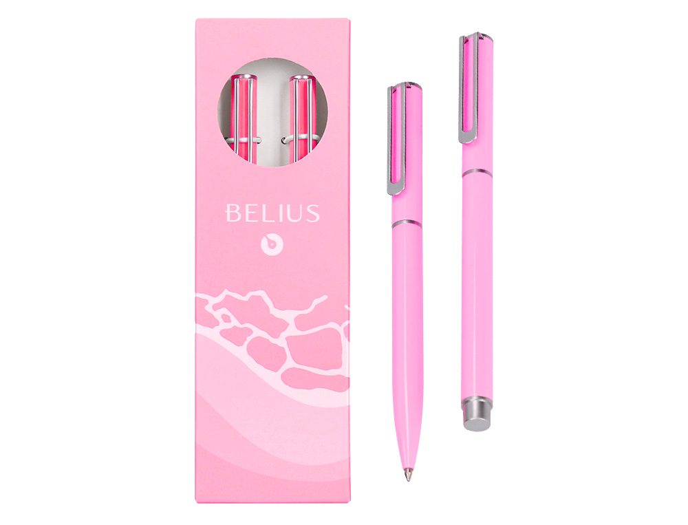 JUEGO BOLIGRAFO Y ROLLER BELIUS ENDLESS SUMMER ALUMINIO COLOR ROSA Y PLATEADO TINTA AZUL CAJA DE DISEÑO