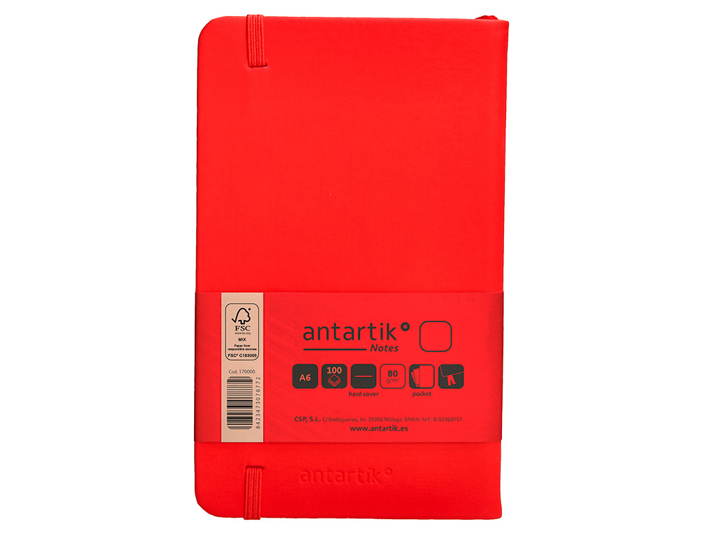 CUADERNO CON GOMILLA ANTARTIK NOTES TAPA DURA A6 HOJAS LISAS ROJO 100 HOJAS 80 GR FSC