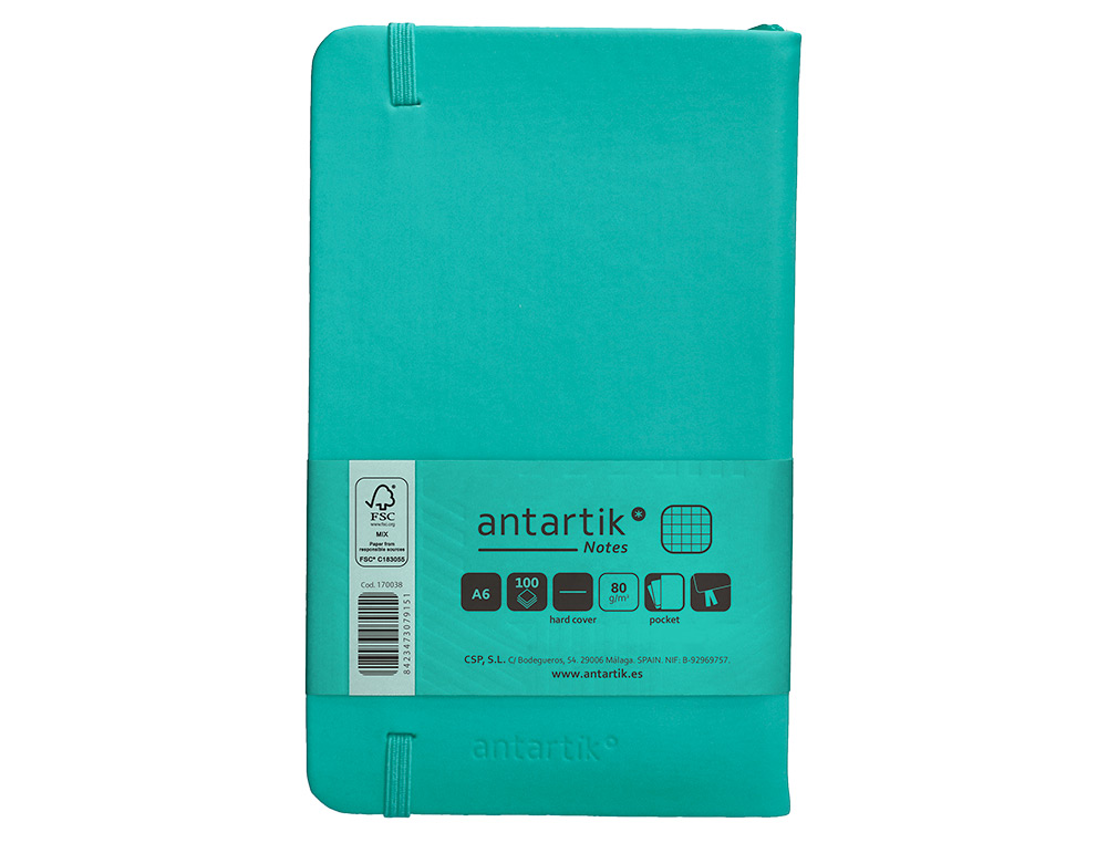 CUADERNO CON GOMILLA ANTARTIK NOTES TAPA DURA A6 HOJAS CUADRICULA TURQUESA 100 HOJAS 80 GR FSC