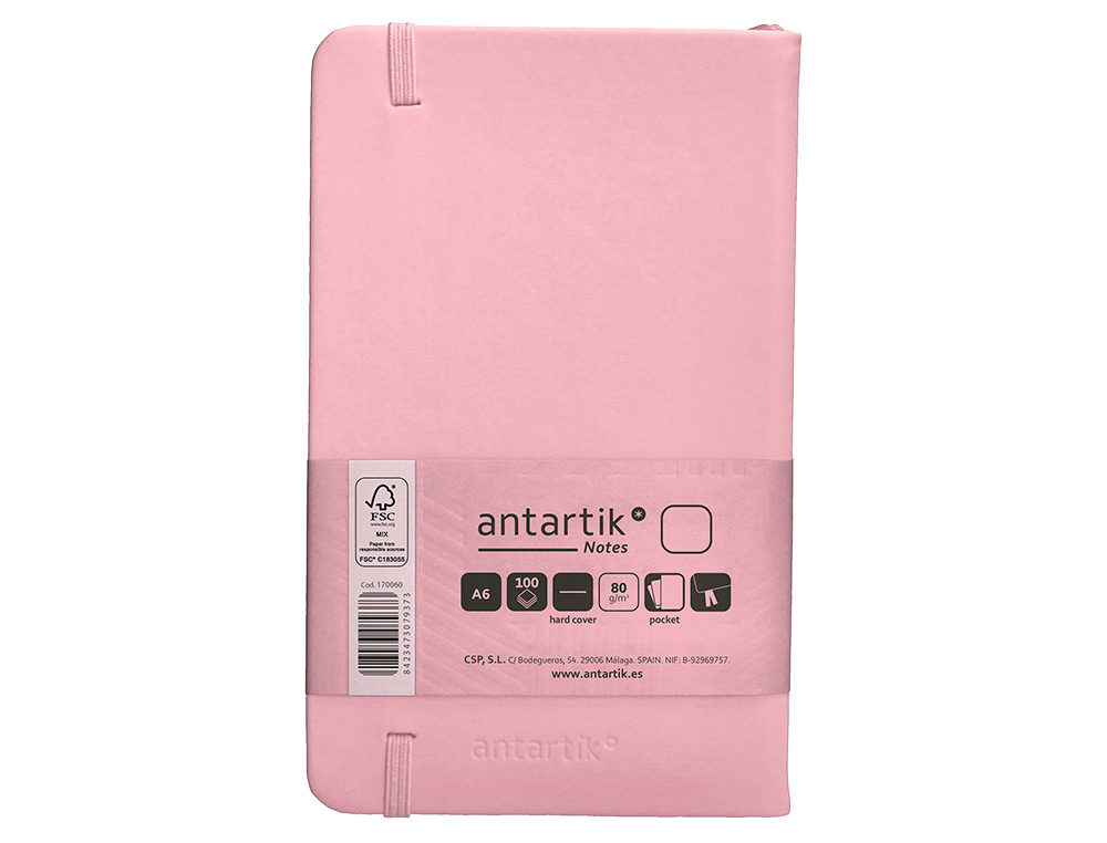 CUADERNO CON GOMILLA ANTARTIK NOTES TAPA DURA A6 HOJAS LISAS ROSA PASTEL 100 HOJAS 80 GR FSC