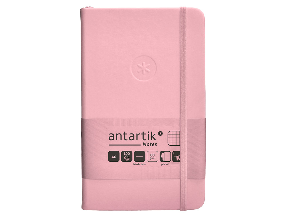 CUADERNO CON GOMILLA ANTARTIK NOTES TAPA DURA A6 HOJAS CUADRICULA ROSA PASTEL 100 HOJAS 80 GR FSC