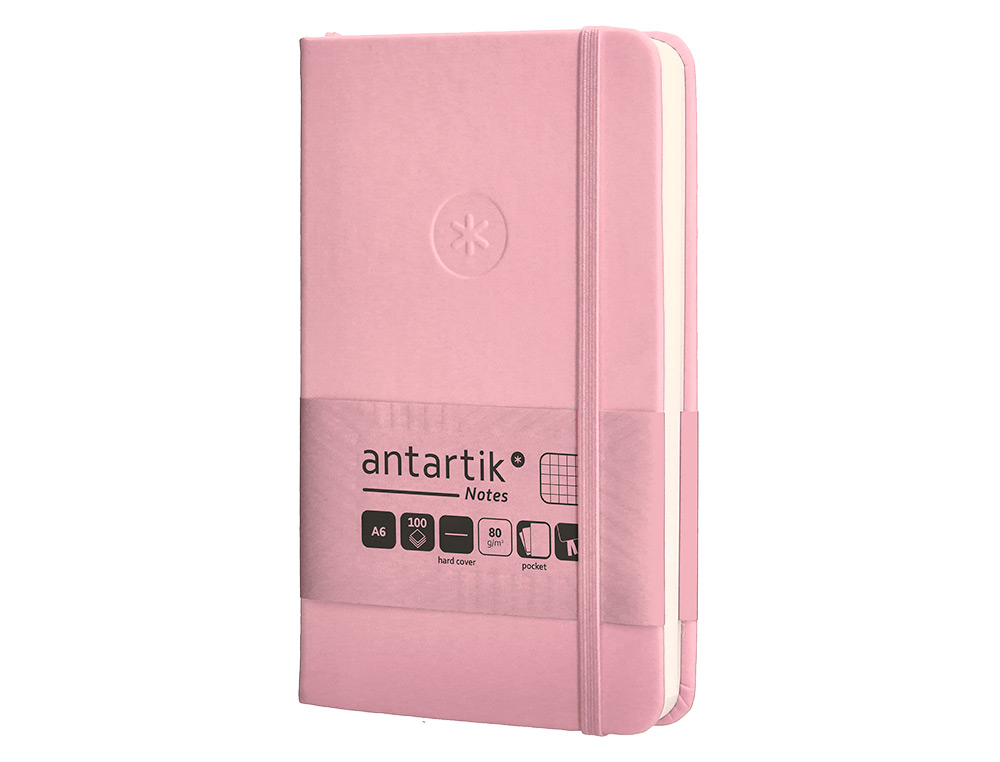 CUADERNO CON GOMILLA ANTARTIK NOTES TAPA DURA A6 HOJAS CUADRICULA ROSA PASTEL 100 HOJAS 80 GR FSC