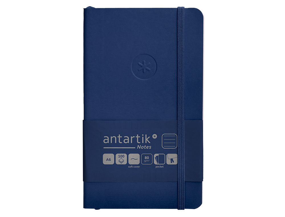 CUADERNO CON GOMILLA ANTARTIK NOTES TAPA BLANDA A6 RAYAS AZUL MARINO 100 HOJAS 80 GR FSC