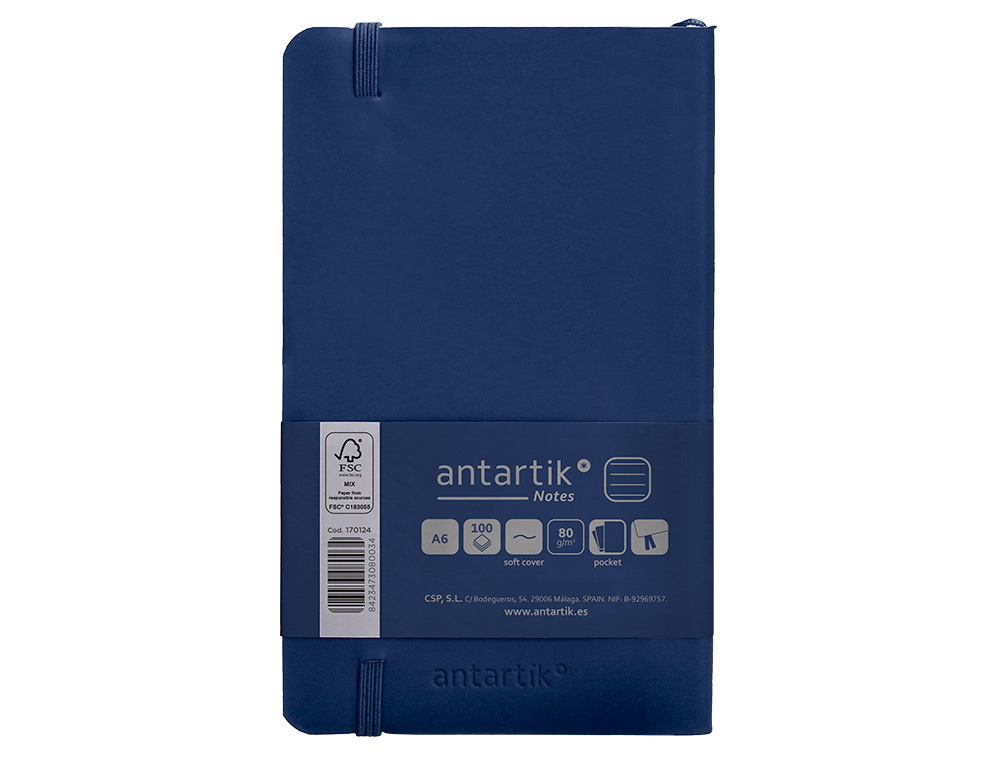 CUADERNO CON GOMILLA ANTARTIK NOTES TAPA BLANDA A6 RAYAS AZUL MARINO 100 HOJAS 80 GR FSC