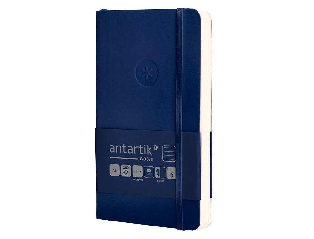 CUADERNO CON GOMILLA ANTARTIK NOTES TAPA BLANDA A6 RAYAS AZUL MARINO 100 HOJAS 80 GR FSC