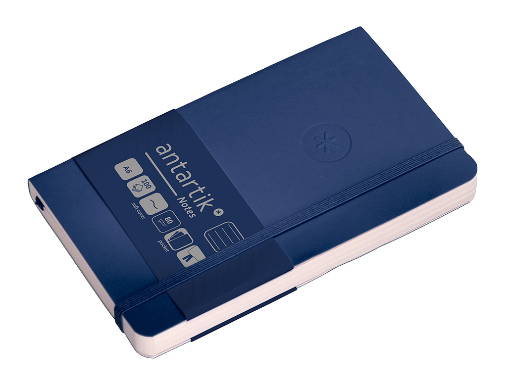 CUADERNO CON GOMILLA ANTARTIK NOTES TAPA BLANDA A6 RAYAS AZUL MARINO 100 HOJAS 80 GR FSC