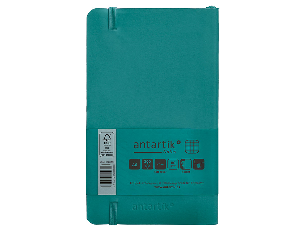 CUADERNO CON GOMILLA ANTARTIK NOTES TAPA BLANDA A6 CUADRICULA VERDE AGUAMARINA 100 HOJAS 80 GR FSC