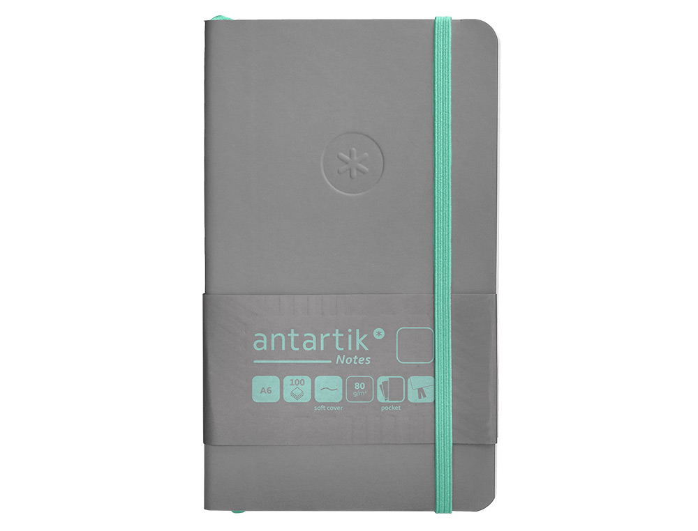 CUADERNO CON GOMILLA ANTARTIK NOTES TAPA BLANDA A6 HOJAS LISAS GRIS Y TURQUESA 100 HOJAS 80 GR FSC