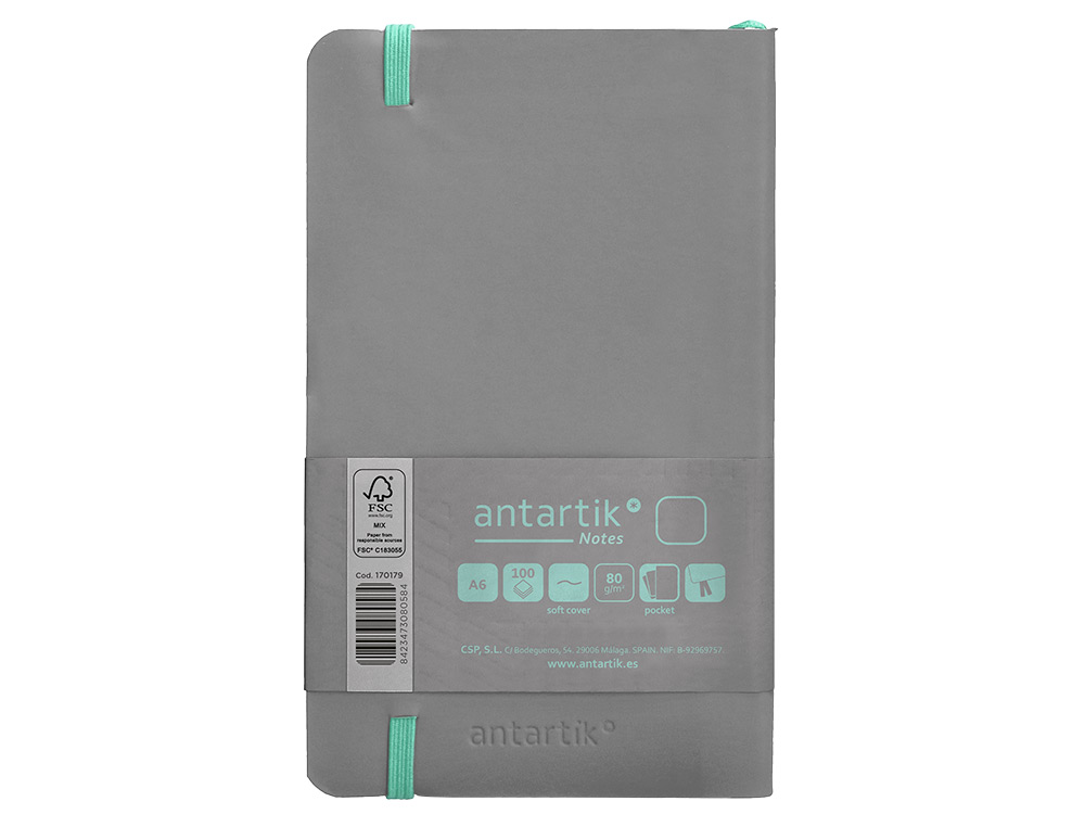 CUADERNO CON GOMILLA ANTARTIK NOTES TAPA BLANDA A6 HOJAS LISAS GRIS Y TURQUESA 100 HOJAS 80 GR FSC