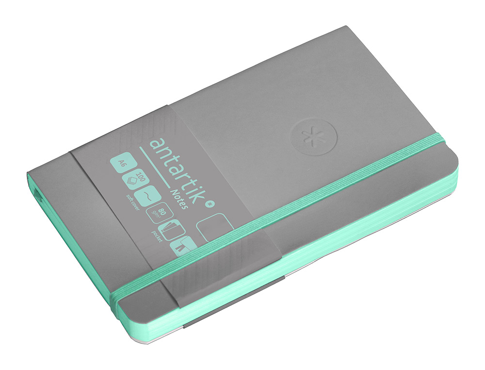 CUADERNO CON GOMILLA ANTARTIK NOTES TAPA BLANDA A6 HOJAS LISAS GRIS Y TURQUESA 100 HOJAS 80 GR FSC