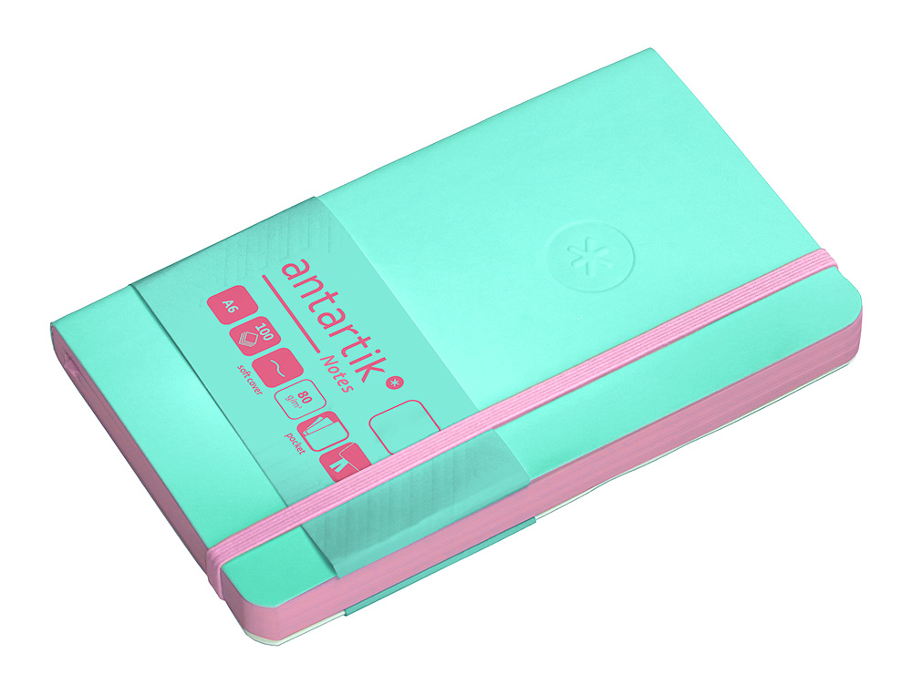 CUADERNO CON GOMILLA ANTARTIK NOTES TAPA BLANDA A6 HOJAS LISAS ROSA Y TURQUESA 100 HOJAS 80 GR FSC