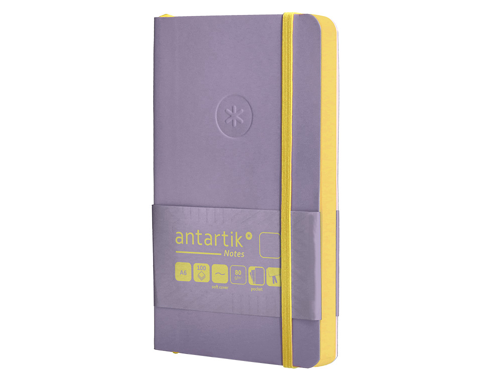 CUADERNO CON GOMILLA ANTARTIK NOTES TAPA BLANDA A6 HOJAS LISAS MORADO Y AMARILLO 100 HOJAS 80 GR FSC