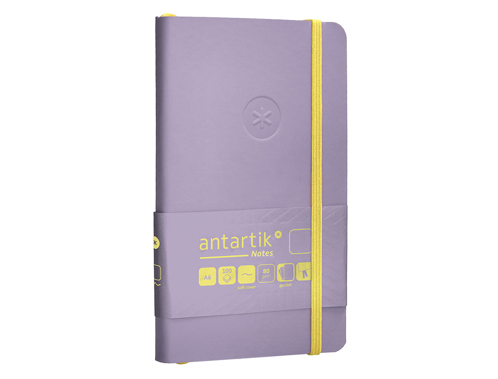 CUADERNO CON GOMILLA ANTARTIK NOTES TAPA BLANDA A6 HOJAS LISAS MORADO Y AMARILLO 100 HOJAS 80 GR FSC